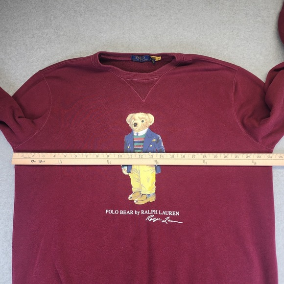 Polo Ralph Lauren Bear Mens Large Crewneck Fleece Sweater Sweatshirt Burgundy - Picture 8 of 9